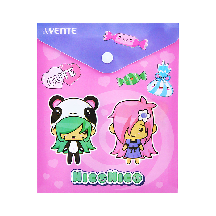 Папка-конверт на кнопке "NicoNico" A6 (140x170мм) 180 мкм, непрозрачная с рисунком, тисн