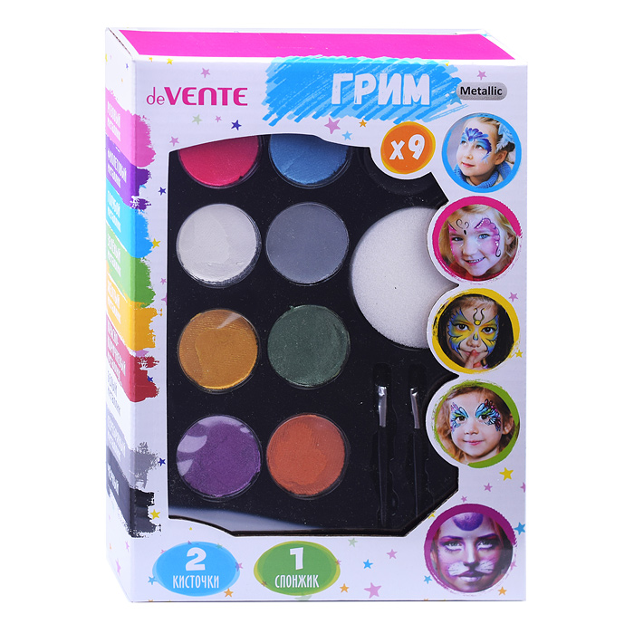 Фото к товару Набор для грима лица и тела, краски на водной основе (8 цветов металлик + 1 классический цв Набор для грима лица и тела, краски на водной основе (8 цветов металлик + 1 классический цв