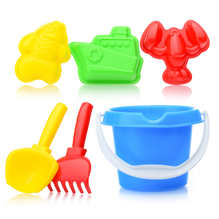 Песочный набор "Пляжный" ( 3 формочки, совок, грабли, ведро)