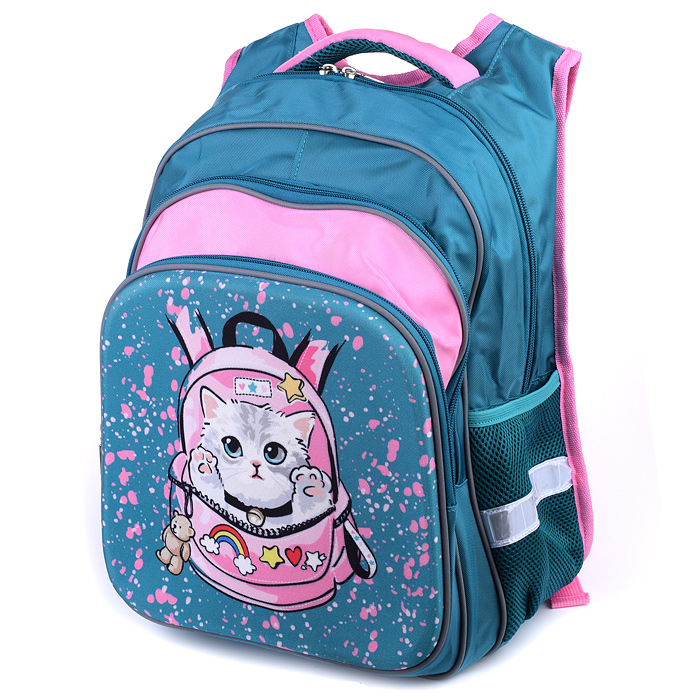 Рюкзак "Котик" 2 отд. молния,  для девочек, 20 л. бирюзовыйЮ, 42х31х16см.