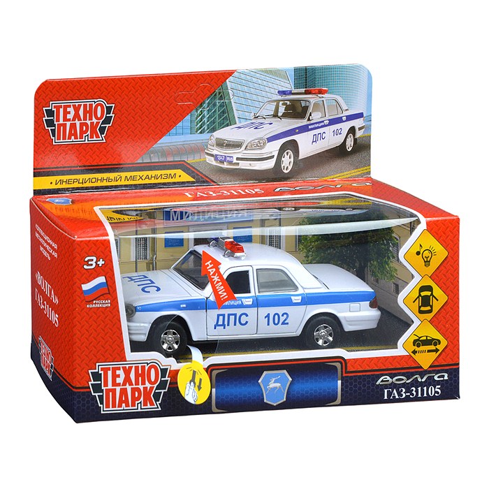 Фото к товару Машина металл ГАЗ -31105 «Волга» Полиция 12,3 см, (дв, баг, свет-звук) инерц., в коробке Машина металл ГАЗ -31105 «Волга» Полиция 12,3 см, (дв, баг, свет-звук) инерц., в коробке