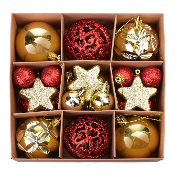 Набор новогодних украшений S2007 "Шарики и звездочки" 3-6см*27шт