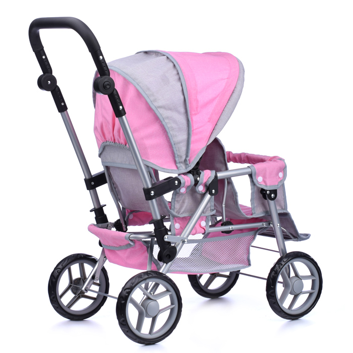 Коляска для кукол 9386 для двойни, металлическая, прогулочная, с тентом, с корзиной, цвет серо-розов
