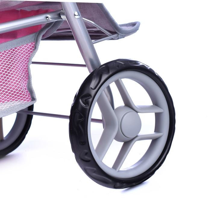 Коляска для кукол 9386 для двойни, металлическая, прогулочная, с тентом, с корзиной, цвет серо-розов