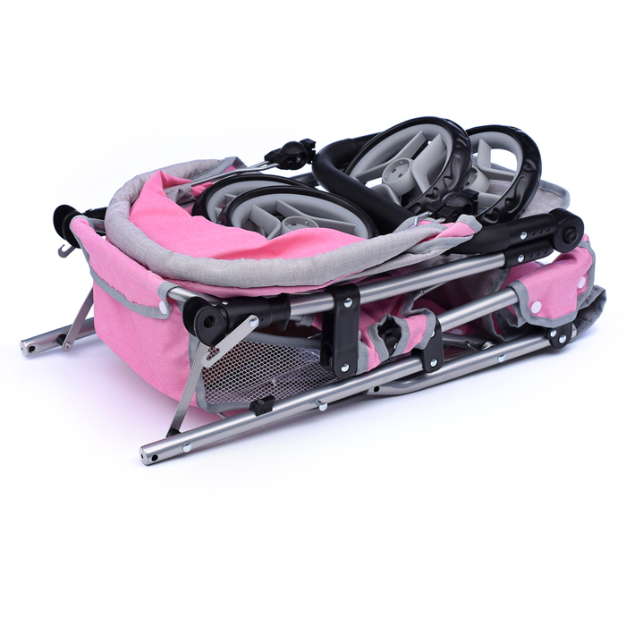 Коляска для кукол 9386 для двойни, металлическая, прогулочная, с тентом, с корзиной, цвет серо-розов