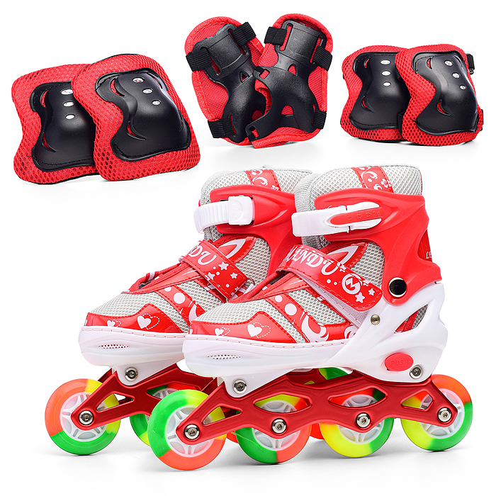 Ролики детские, M с комплектом защиты, цвет красный/синий с белым