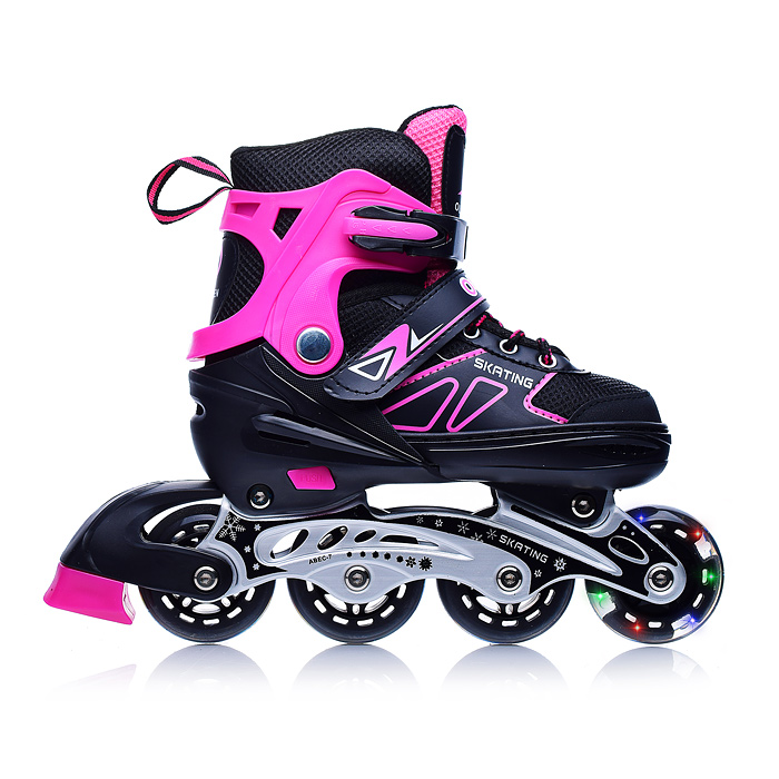 Фото к товару Роликовые коньки U001751Y раздвижные, PU колёса со светом, размер S, черно-розовые, в сумке Роликовые коньки U001751Y раздвижные, PU колёса со светом, размер S, черно-розовые, в сумке