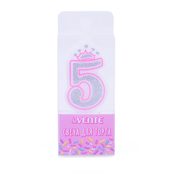 Свеча-цифра для торта "Розовая принцесса" 5, размер свечки 5,8x3,8x0,8 см с серебряным рису
