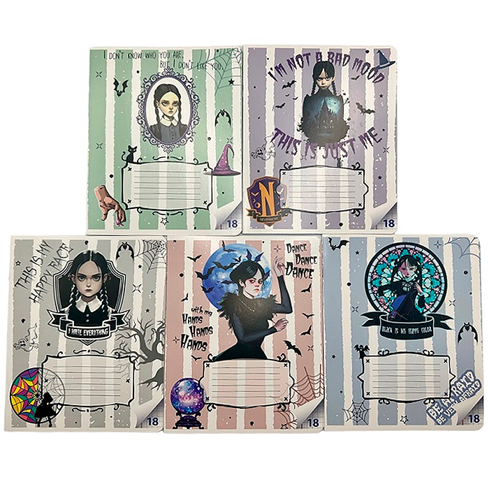 Тетрадь 18 л. клетка "Вэнсдэй коллаж" формат А5, на скрепке, с полями