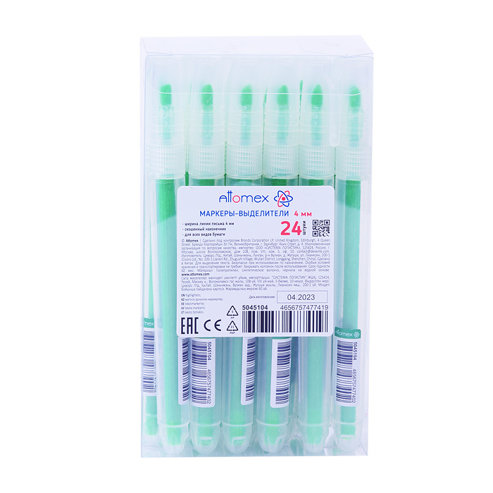Маркер-выделитель "Attomex" круглый корпус с клипом, скошенный наконечник, ширина линии 1-4 мм, зеле