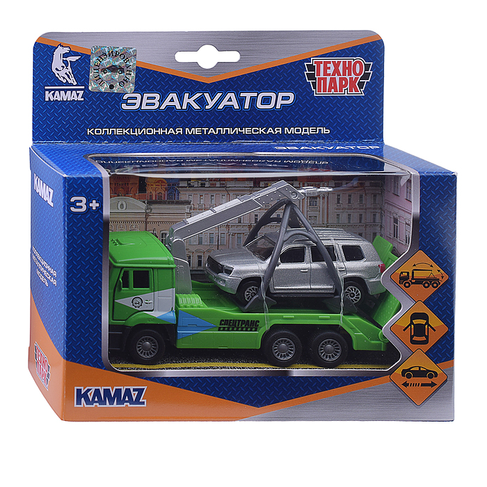 Машина металл KAMAZ Эвакуатор 12 см, (дв., подв. дет., инер.+машина 7,5 см,) в коробке