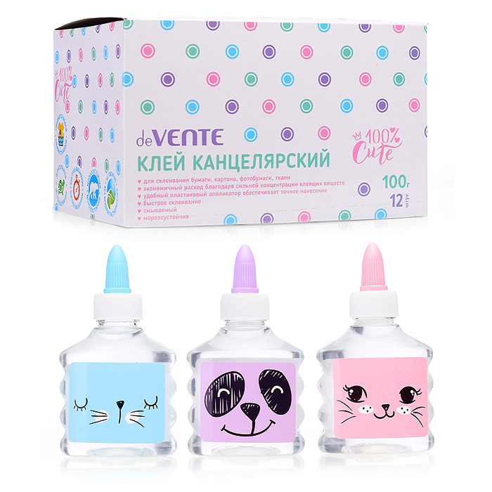 Клей канцелярский "100% Cute" на водной основе 100 г в пластиковой бутылочке с пластиковым Клей канцелярский "100% Cute" на водной основе 100 г в пластиковой бутылочке с пластиковым