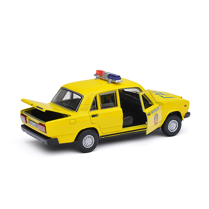 Фото к товару Машина металл ВАЗ-2107 Полиция 12 см, (св-зв, дв, баг,ин, желтый) инерц., в коробке Машина металл ВАЗ-2107 Полиция 12 см, (св-зв, дв, баг,ин, желтый) инерц., в коробке