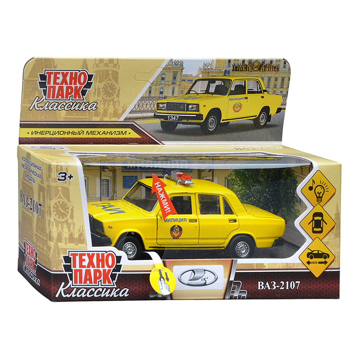 Фото к товару Машина металл ВАЗ-2107 Полиция 12 см, (св-зв, дв, баг,ин, желтый) инерц., в коробке Машина металл ВАЗ-2107 Полиция 12 см, (св-зв, дв, баг,ин, желтый) инерц., в коробке