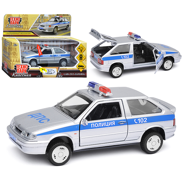 Машина металл ВАЗ-2113 Полиция 12 см, (двери, серебристый,свет-звук) в коробке