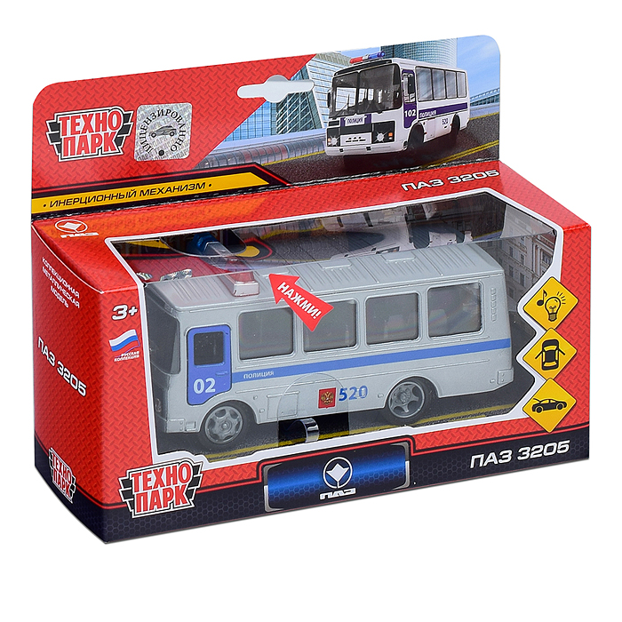 Машина металл ПАЗ 3205 14 см, (свет-звук, дв., багажник) инерц., в коробке