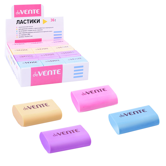 Ластик "Pastel" синтетический каучук, прямоугольный цветной, 37x24x11 мм, в индивидуальной Ластик "Pastel" синтетический каучук, прямоугольный цветной, 37x24x11 мм, в индивидуальной