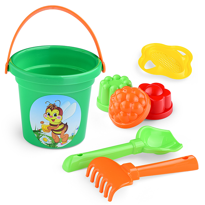 Фото к товару Набор №26: ведро малое, ситечко-цветок, совок №2, грабельки №2, 3 формочки Набор №26: ведро малое, ситечко-цветок, совок №2, грабельки №2, 3 формочки