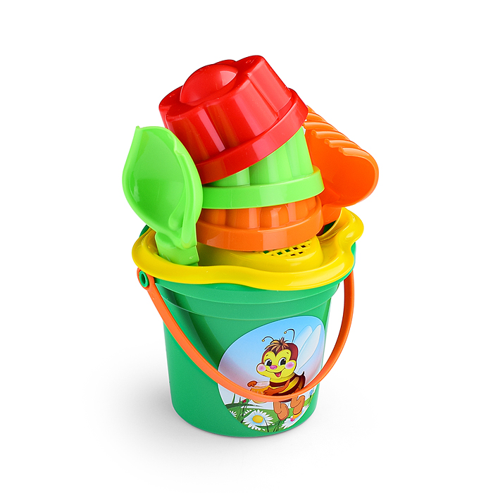 Фото к товару Набор №26: ведро малое, ситечко-цветок, совок №2, грабельки №2, 3 формочки Набор №26: ведро малое, ситечко-цветок, совок №2, грабельки №2, 3 формочки