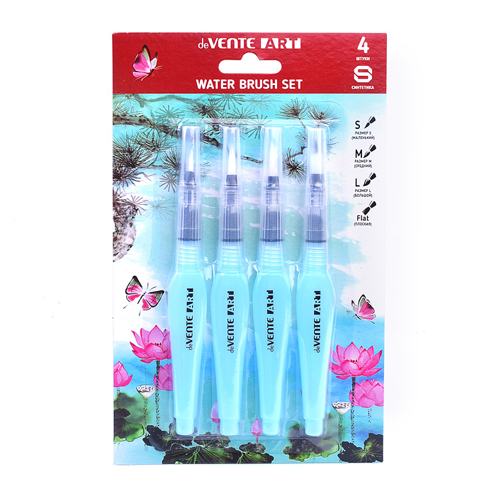 Набор кистей "Water Brush" 4 шт, с резервуаром для воды, нейлон, размер S/M/L/плоская 4 мм, Набор кистей "Water Brush" 4 шт, с резервуаром для воды, нейлон, размер S/M/L/плоская 4 мм,
