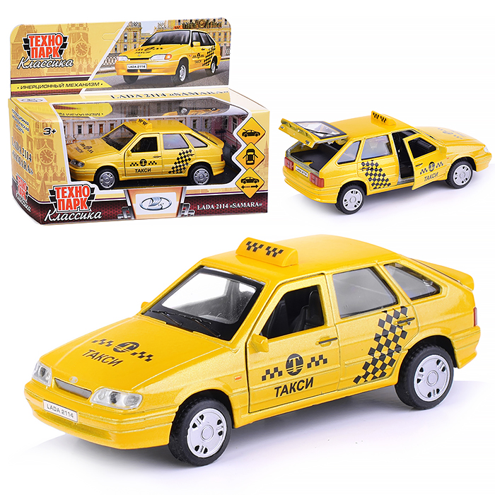 Машина металл Lada -2114 "Samara" Такси, 12 см, (откр. двери, баг,) инерц., в коробке