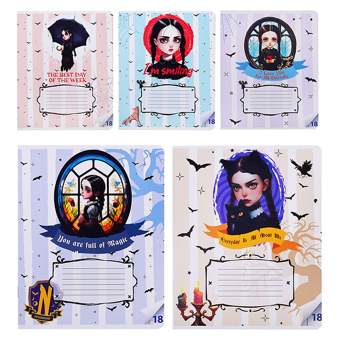 Тетрадь 18 л. линейка "Вэнсдэй коллаж" формат А5, на скрепке, с полями