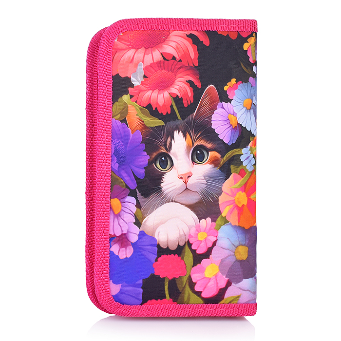 Пенал корпусный "Кот в цветах" Размер: 19*11 см. Жесткий каркас прямоугольной формы на картоне 