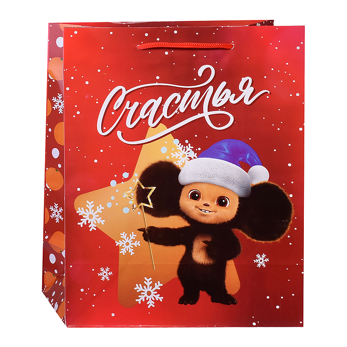 Пакет подарочный 26.4*32.7*13.6 см (L)  "Чебурашка и снежинки"