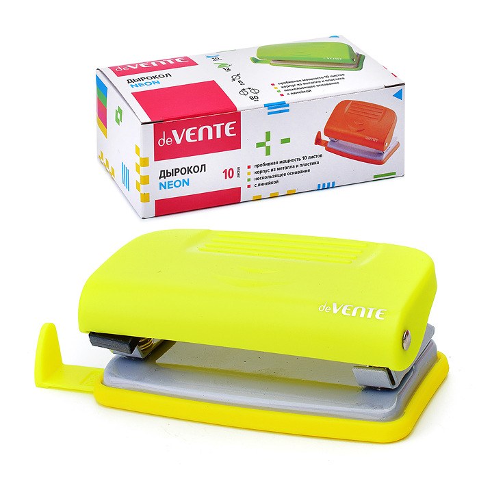 Дырокол "Neon" (10 листов) пластиковый с линейкой, в картонной коробке, неоновый желтый