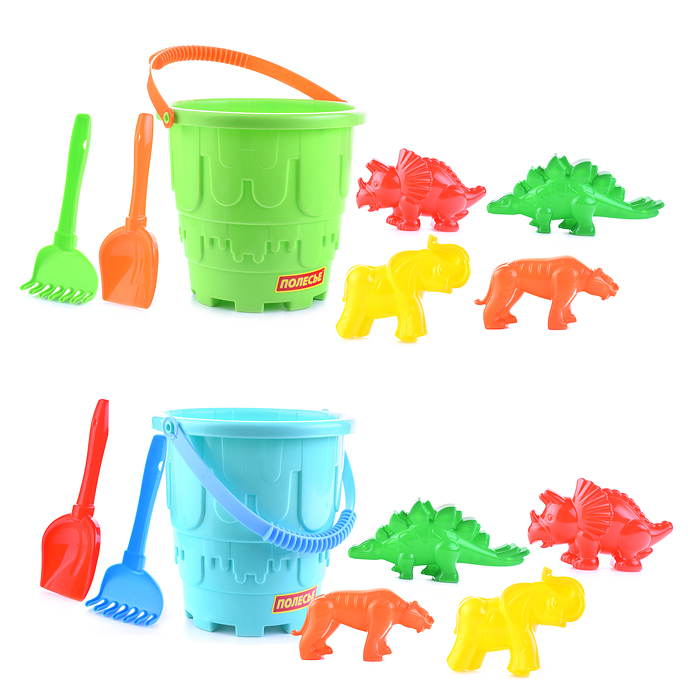 Набор №527: ведро-замок большое, лопатка №5, грабельки №5, формочки (тигр + мамонт + динозавр №1 + д Набор №527: ведро-замок большое, лопатка №5, грабельки №5, формочки (тигр + мамонт + динозавр №1 + д