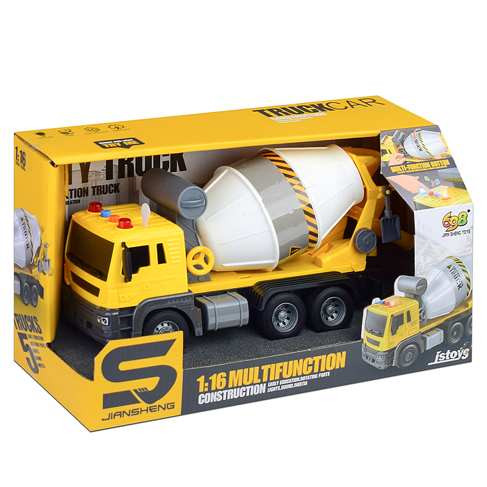 Фото к товару Машина JS102 "Бетономешалка" 1:16 (свет, звук) в коробке (цвет желтый) Машина JS102 "Бетономешалка" 1:16 (свет, звук) в коробке (цвет желтый)