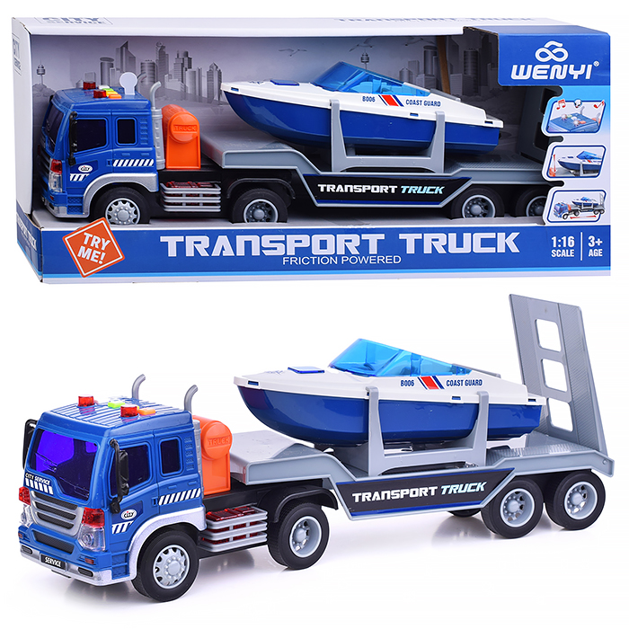 Машина WY571M "Автовоз с катером" 1:16 (свет, звук) в коробке (цвет синий)
