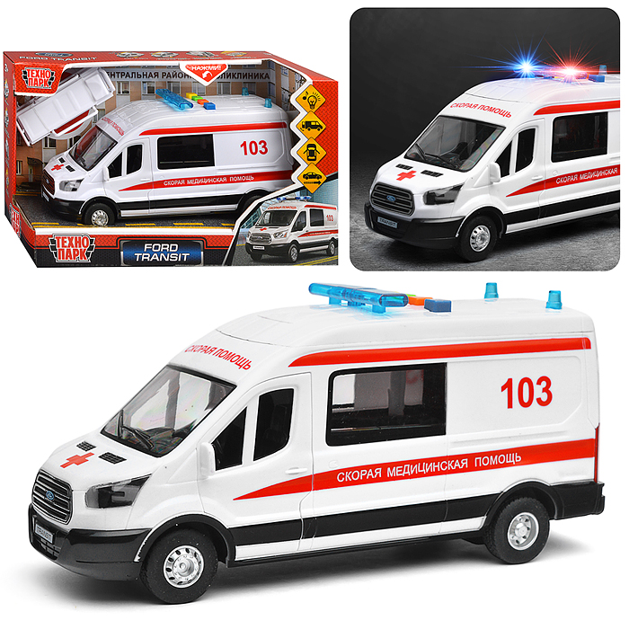 Машина пластик свет-звук Ford transit скорая 22,5 см, двери, 4 кнопки