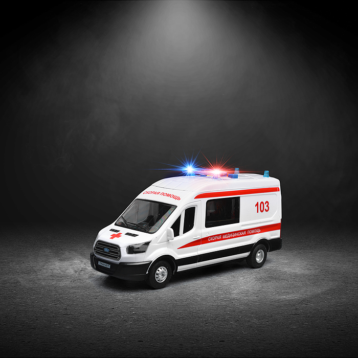 Фото к товару Машина пластик свет-звук Ford transit скорая 22,5 см, двери, 4 кнопки Машина пластик свет-звук Ford transit скорая 22,5 см, двери, 4 кнопки