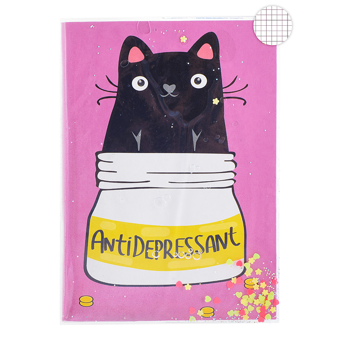 Блокнот "Кот-Антидепрессант" А6, 56 листов в клетку на скрепке, гелевый наполнитель,блестки Блокнот "Кот-Антидепрессант" А6, 56 листов в клетку на скрепке, гелевый наполнитель,блестки
