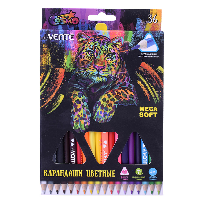 Карандаши цветные "Trio Mega Soft" 36 цветов, 4М, диаметр грифеля 3 мм, трехгранные, в карт