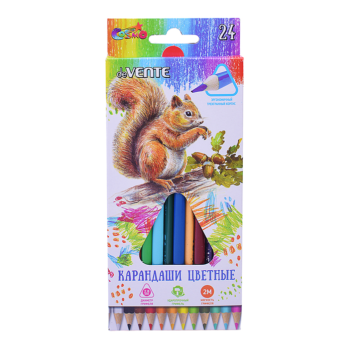 Фото к товару Карандаши цветные "Trio" 24 цвета, 2М, диаметр грифеля 2,8 мм, трехгранные, в картонной кор Карандаши цветные "Trio" 24 цвета, 2М, диаметр грифеля 2,8 мм, трехгранные, в картонной кор