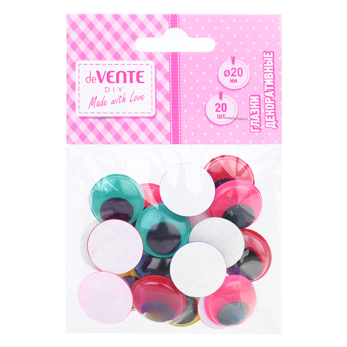 Глазки декоративные пластиковые, самоклеящиеся, d=20 мм, 20 шт в пластиковом пакете с бли