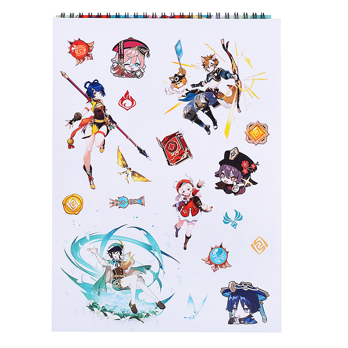 Фото к товару Творческий блокнот cо стикерами и переводными татуировками A4. Геншин. Лесные приключения. Творческий блокнот cо стикерами и переводными татуировками A4. Геншин. Лесные приключения.