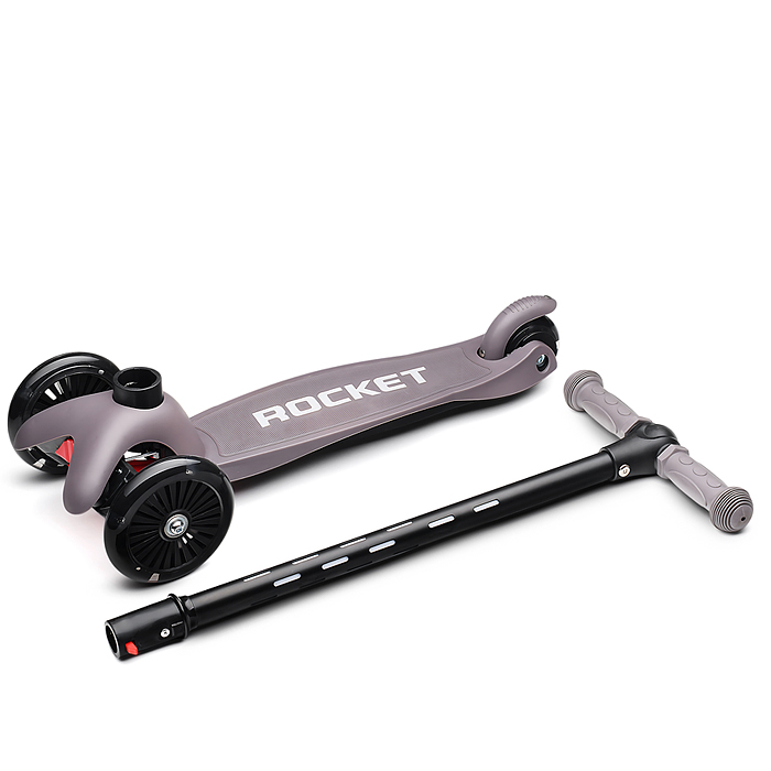 Фото к товару Самокат 3-х колесный ROCKET,колеса PU со светом, светящаяся стойка, ABEC 7, серый Самокат 3-х колесный ROCKET,колеса PU со светом, светящаяся стойка, ABEC 7, серый