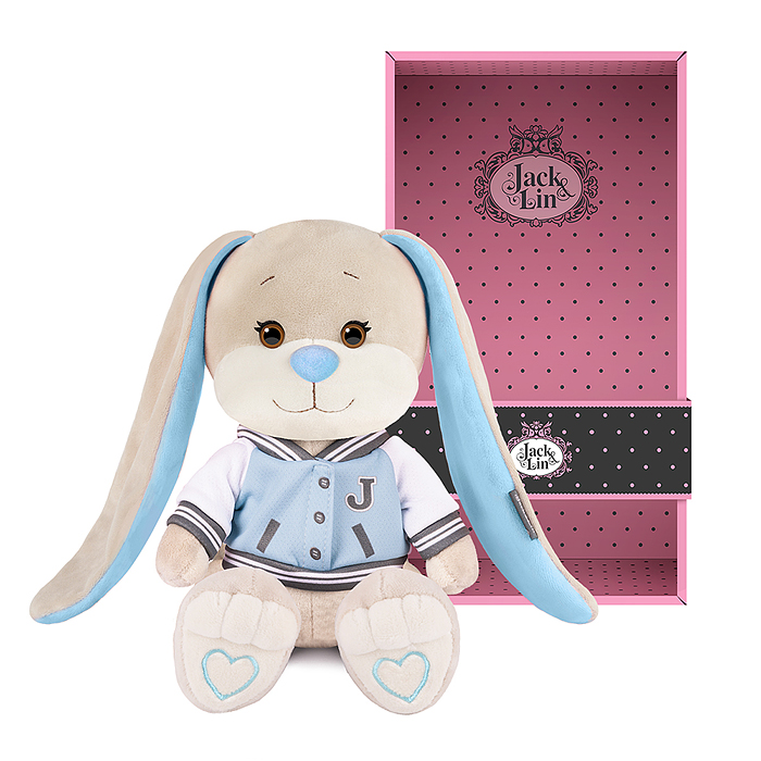 Зайчик Жак в голубом бомбере, 20 см, в коробке 