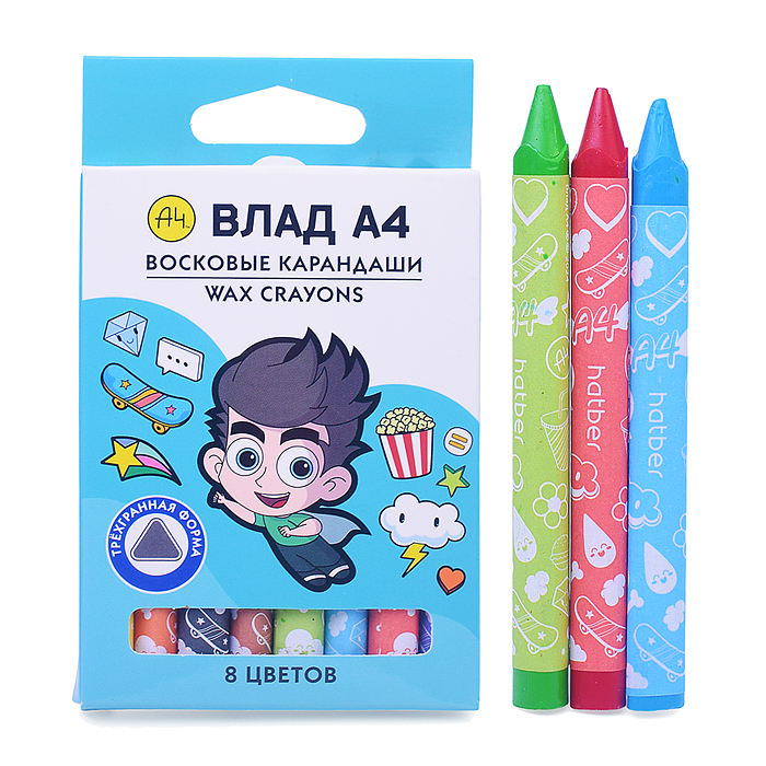 Мелки восковые 8 цв. "Влад А4" трехгран. корпус диаметр 8мм. Мелки восковые 8 цв. "Влад А4" трехгран. корпус диаметр 8мм.