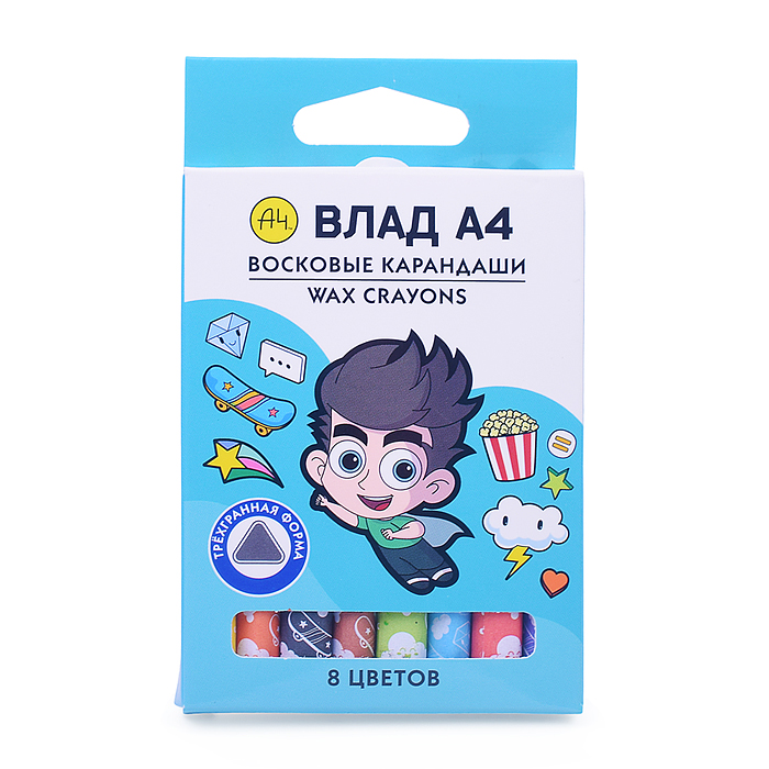 Фото к товару Мелки восковые 8 цв. "Влад А4" трехгран. корпус диаметр 8мм. Мелки восковые 8 цв. "Влад А4" трехгран. корпус диаметр 8мм.
