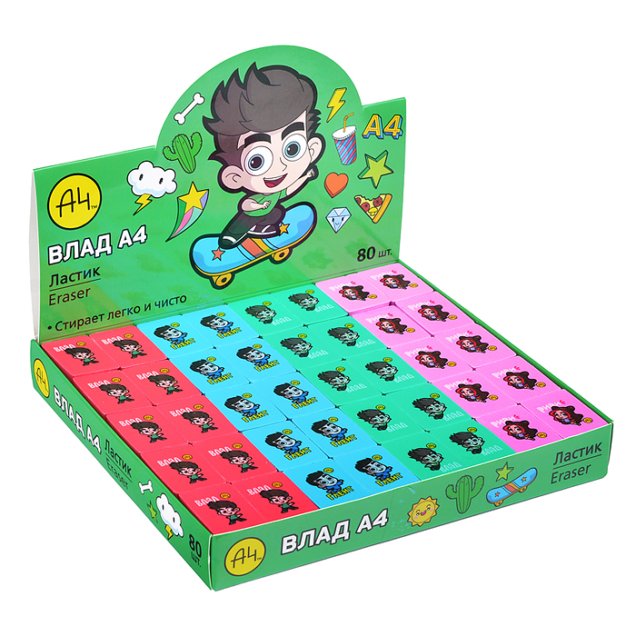 Ластик из термопластичной резины "Влад А4" Ассорти 28х18х9 мм  80шт в картонной