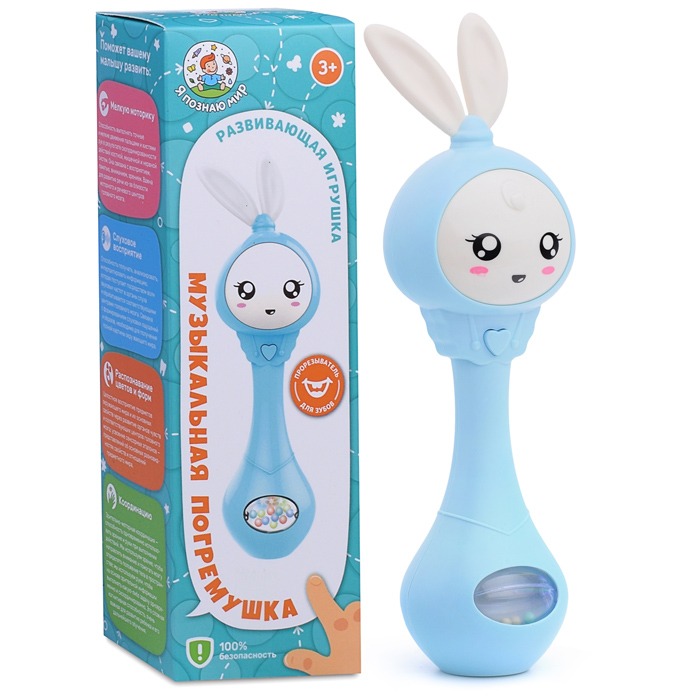 Погремушка-прорезыватель Y0012-1 "Зайка" (цвет голубой) в коробке Погремушка-прорезыватель Y0012-1 "Зайка" (цвет голубой) в коробке