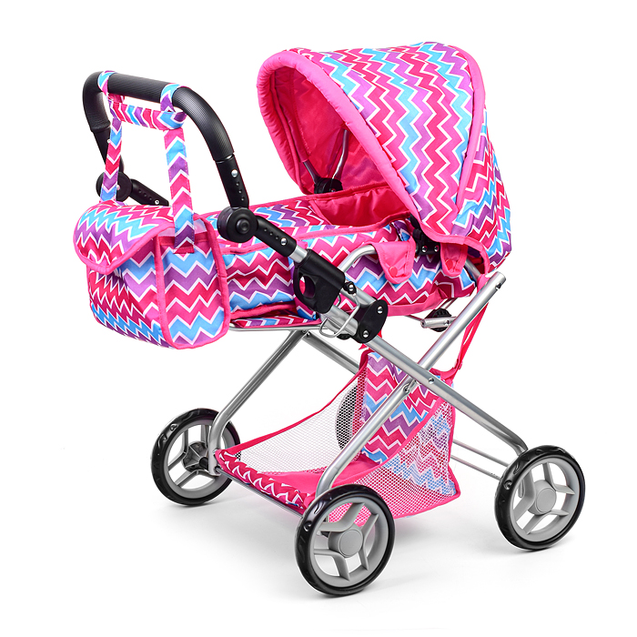 Коляска-люлька для кукол, металлическая, с люлькой для переноски, с корзиной, с сумкой, цвет розовый