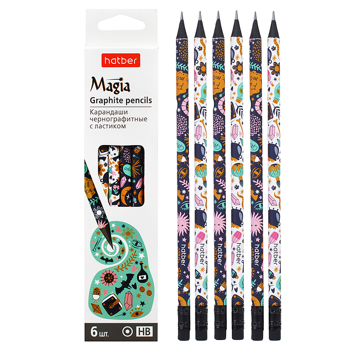 Набор карандашей чернографитн. Magia- Ассорти "HB" круглый корпус ЦЕНА ЗА 6шт. с ластиком Набор карандашей чернографитн. Magia- Ассорти "HB" круглый корпус ЦЕНА ЗА 6шт. с ластиком
