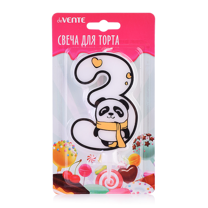 Свеча-цифра для торта "Панда" 3, размер свечки 9,1x6,6x1 см, с рисунком, белая, в картонном Свеча-цифра для торта "Панда" 3, размер свечки 9,1x6,6x1 см, с рисунком, белая, в картонном