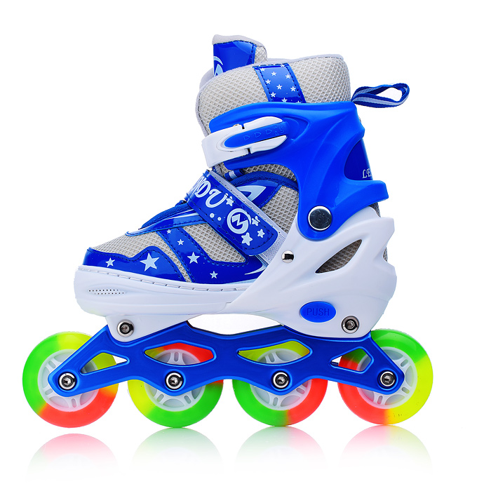 Фото к товару Ролики детские, M с комплектом защиты, цвет синий с белым, цветные колеса Ролики детские, M с комплектом защиты, цвет синий с белым, цветные колеса