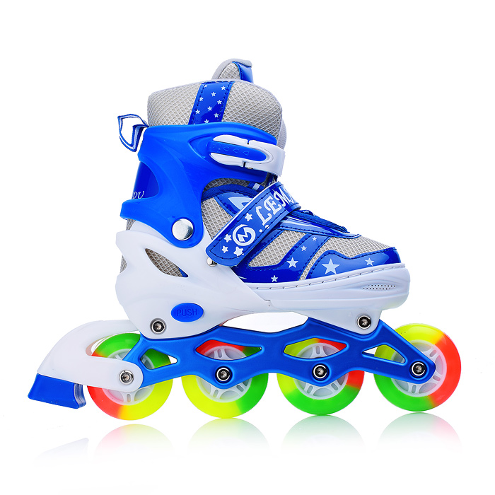 Фото к товару Ролики детские, M с комплектом защиты, цвет синий с белым, цветные колеса Ролики детские, M с комплектом защиты, цвет синий с белым, цветные колеса